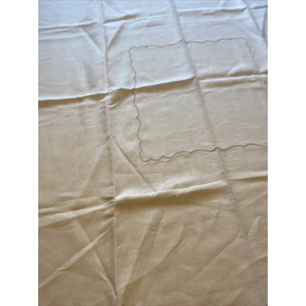 Vintage Table Cloth Linen Ivory Beige Embroidered Square 42" x 40"